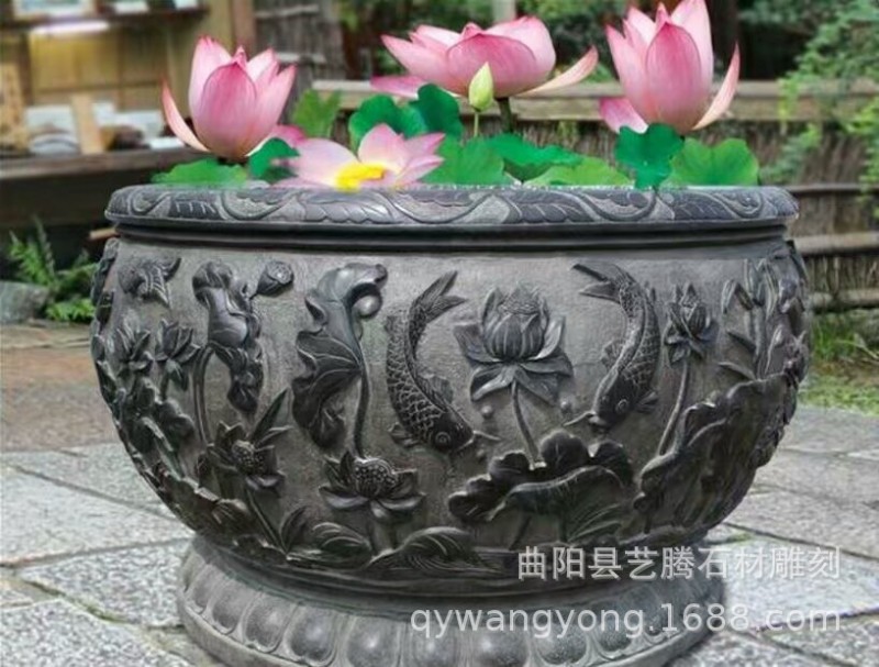 仿古石雕花盆石盆鱼池石缸。浮雕莲花大石缸。汉白玉雕刻盆景盆